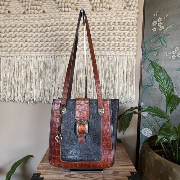 Brighton Handbags - Vintage Brighton Black Brown Croc Embossed Structured Double Strap Shoulder Bag